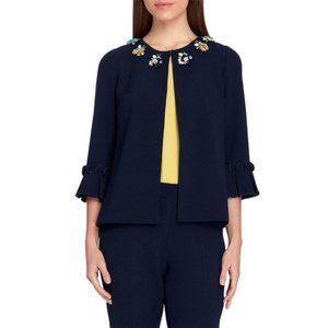 Tahari Women's Jeweled Pleat Sleeve Jacket Navy 16